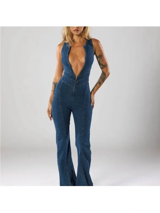 Revice Hollywood Heartthrob Retro Style Denim Flare Jumpsuit in Blue - Picture 2 of 15